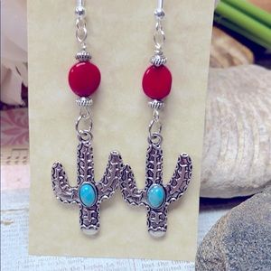 NWOT Red coral antique silver cactus earrings